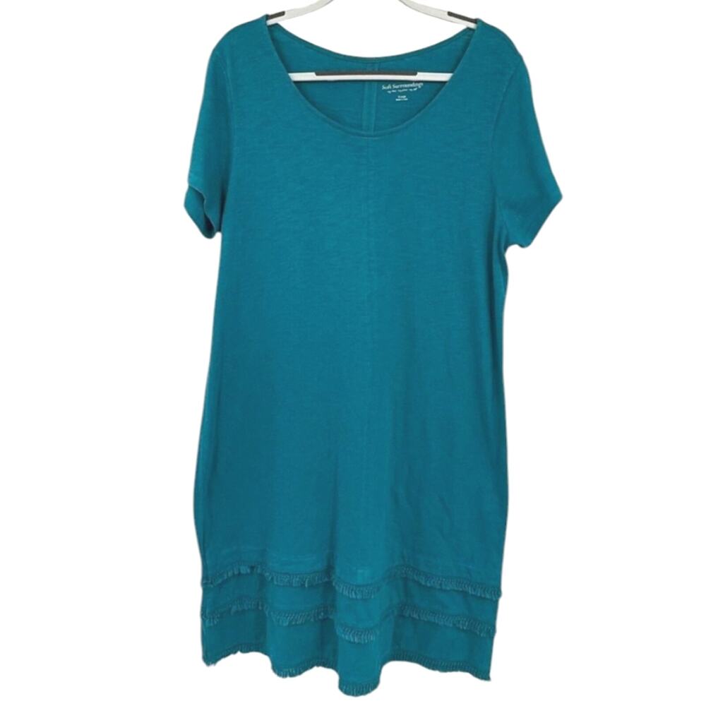 Soft Surroundings Fringe Sheath Short Sleeve Dress Blue size Medium